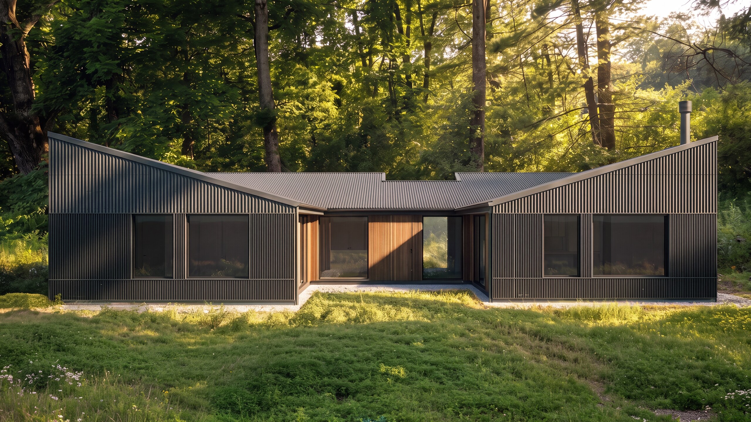 The courtyard elevation — metal wings framing the warm-wood entry
