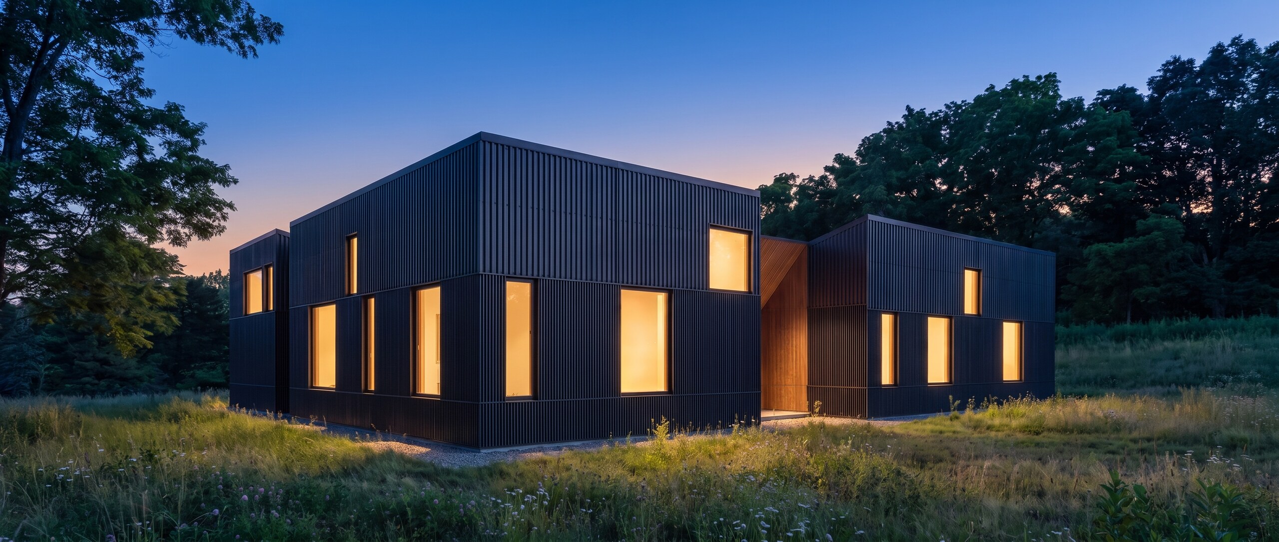 HighFell at twilight — dark corrugated metal and warm wood, windows glowing over the meadow