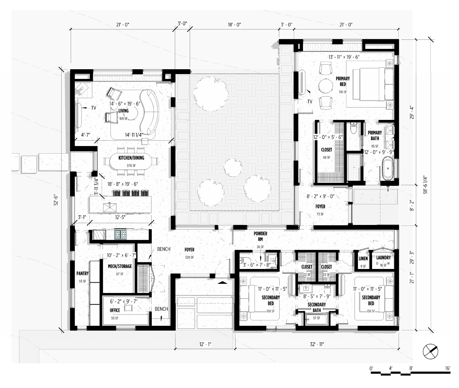 HighFell floor plan — three wings on a single level around a central courtyard