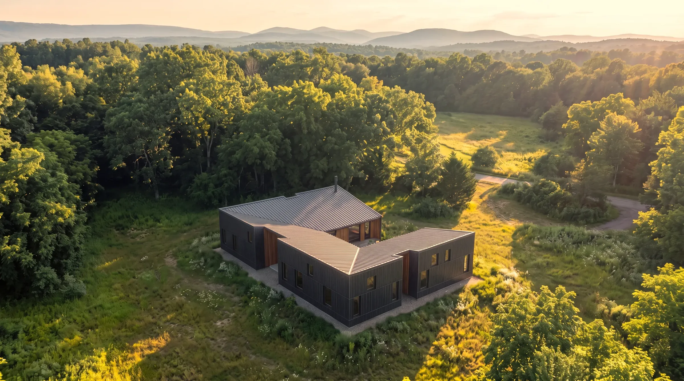 HighFell from above at golden hour — the courtyard open at the centre, three and a half acres of trees around it