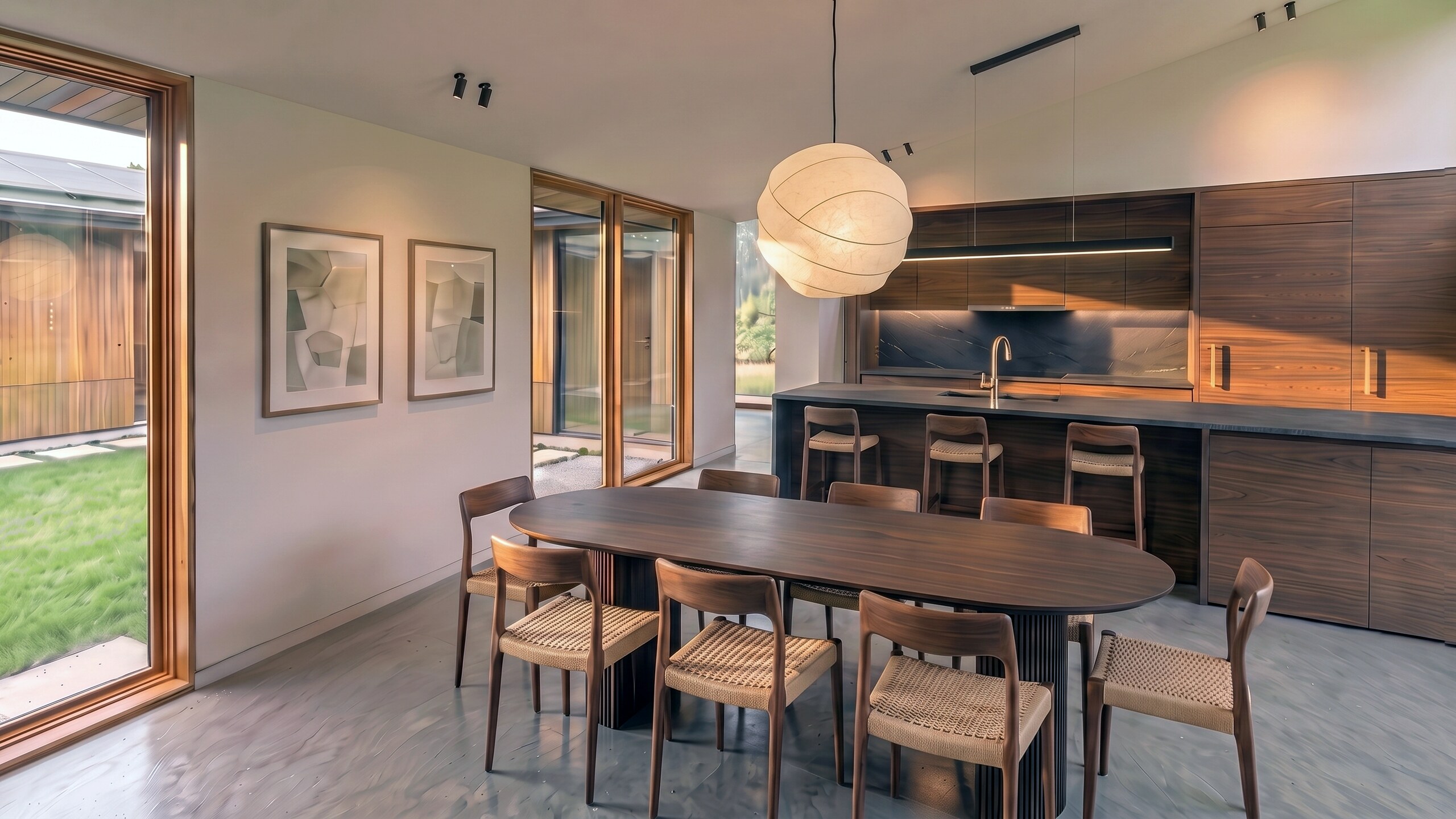 Dining table beside the courtyard glazing
