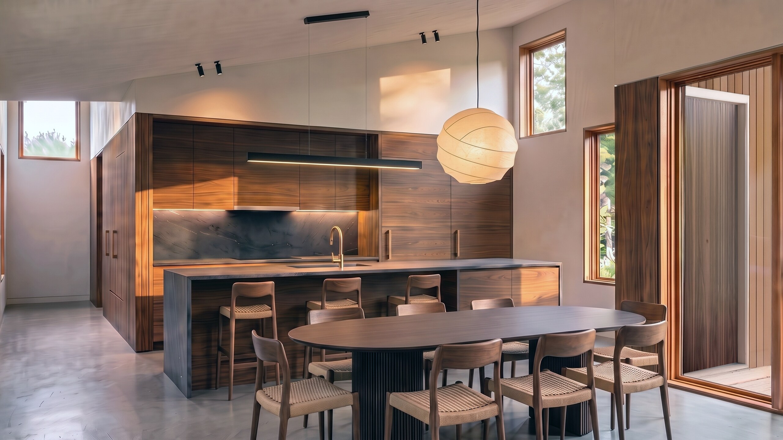 Kitchen with walnut cabinetry, honed stone, and a cloud pendant