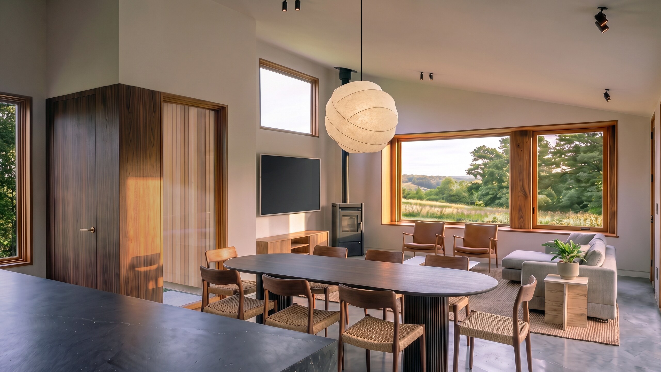 The great room open to the meadow, wood stove and window seat