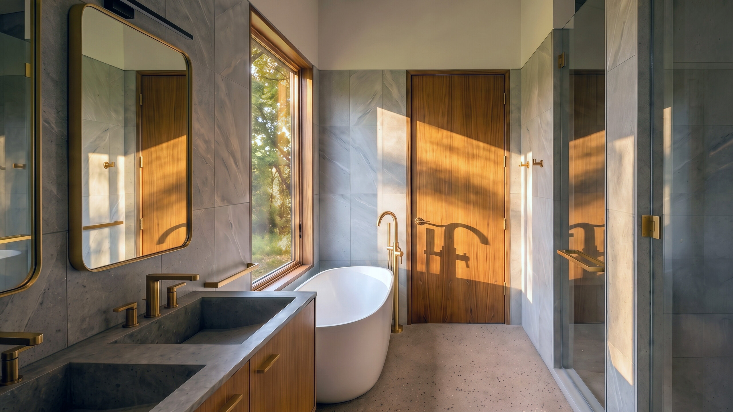 Primary bath in honed stone with brass fittings and a freestanding tub