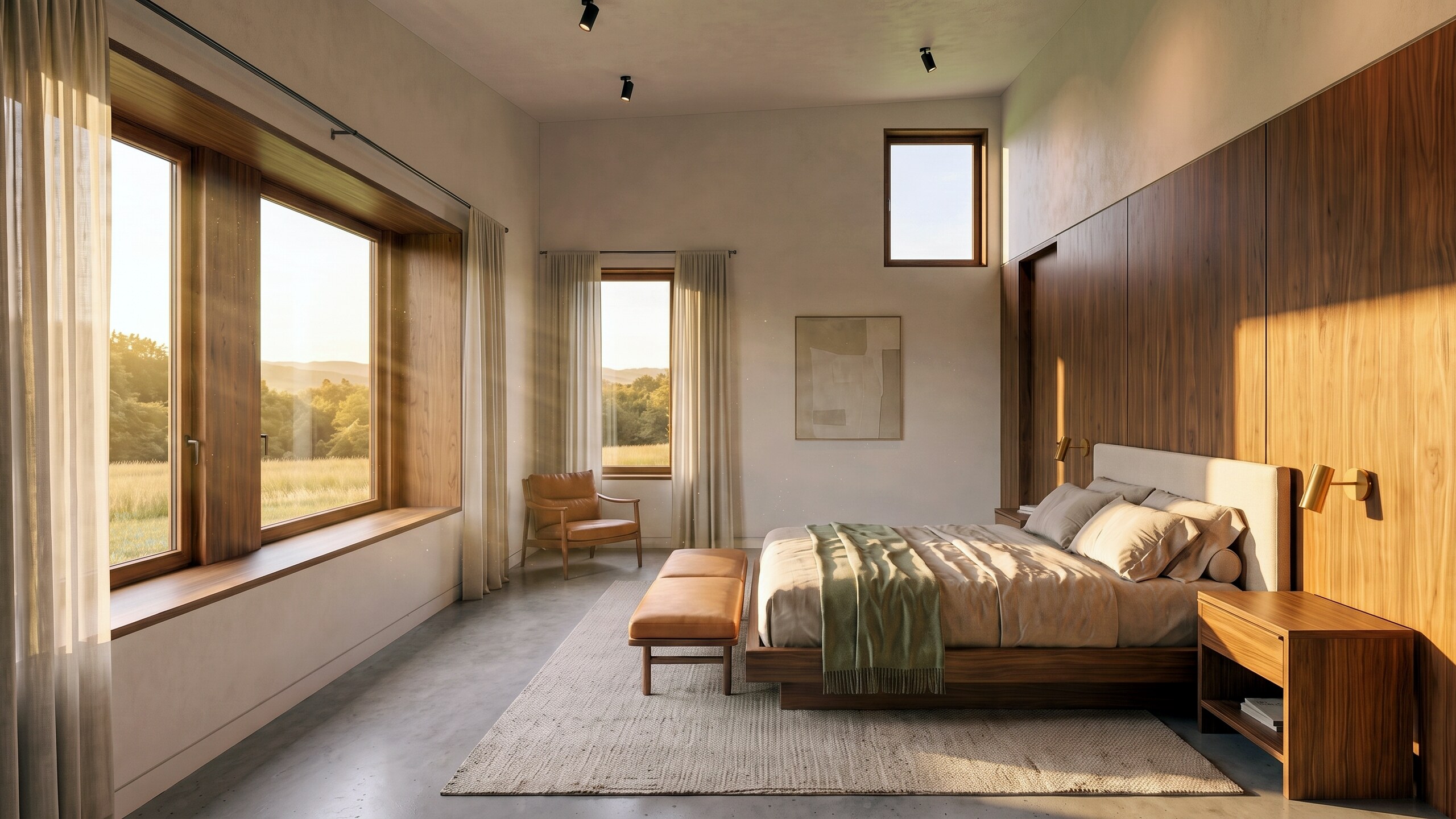 Primary suite with walnut wall and meadow light