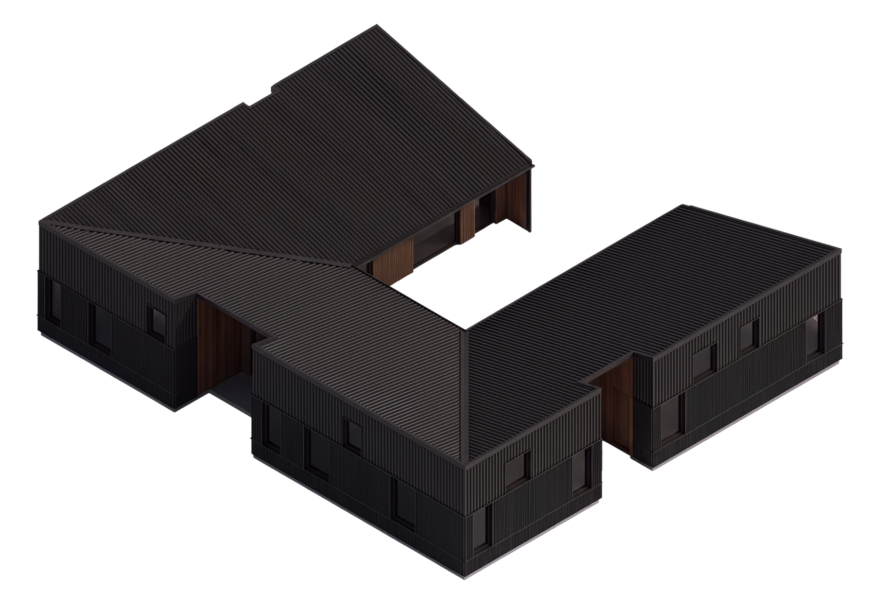 Isometric model of HighFell — three wings around the courtyard