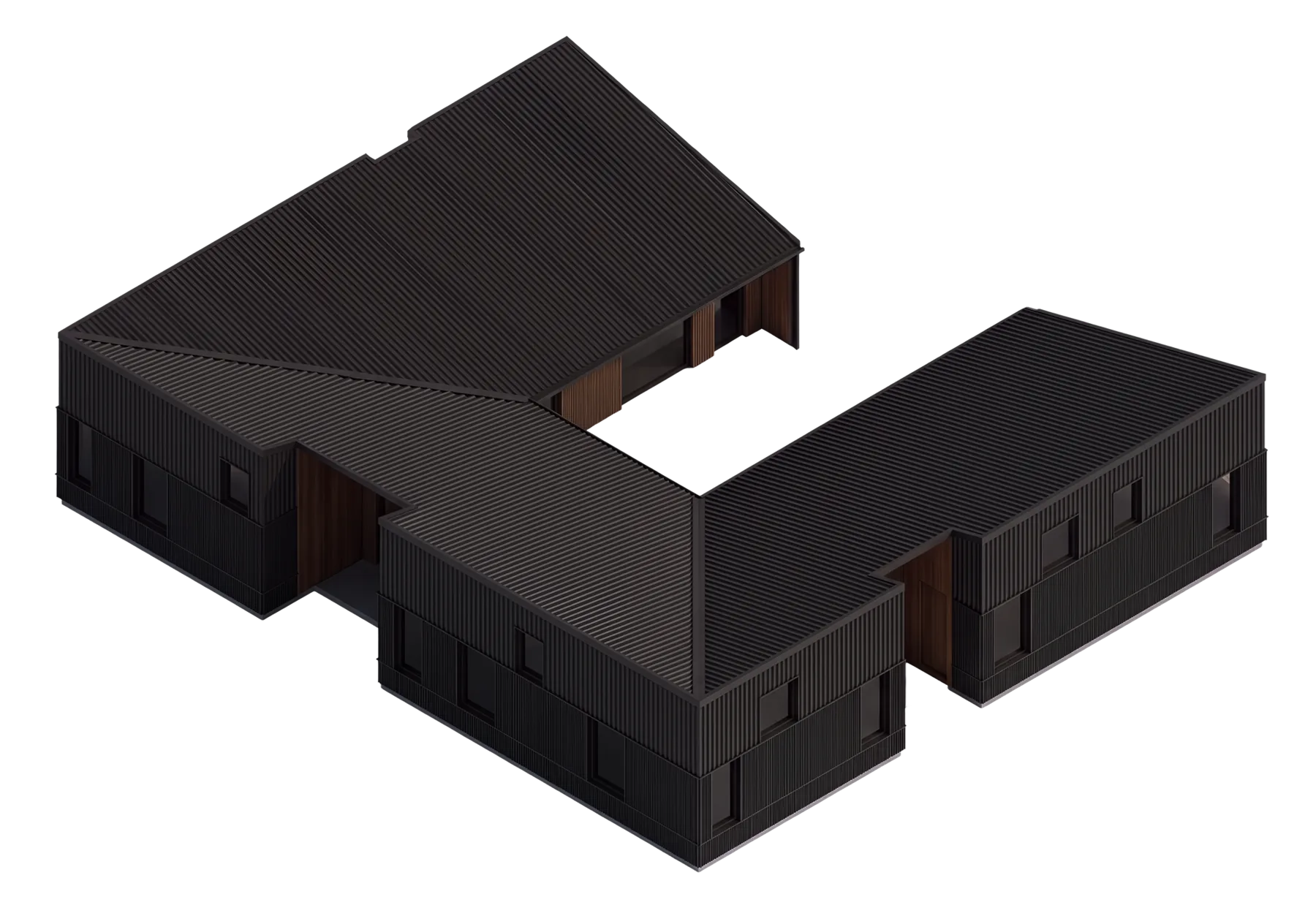 Isometric model of HighFell — three wings around the courtyard