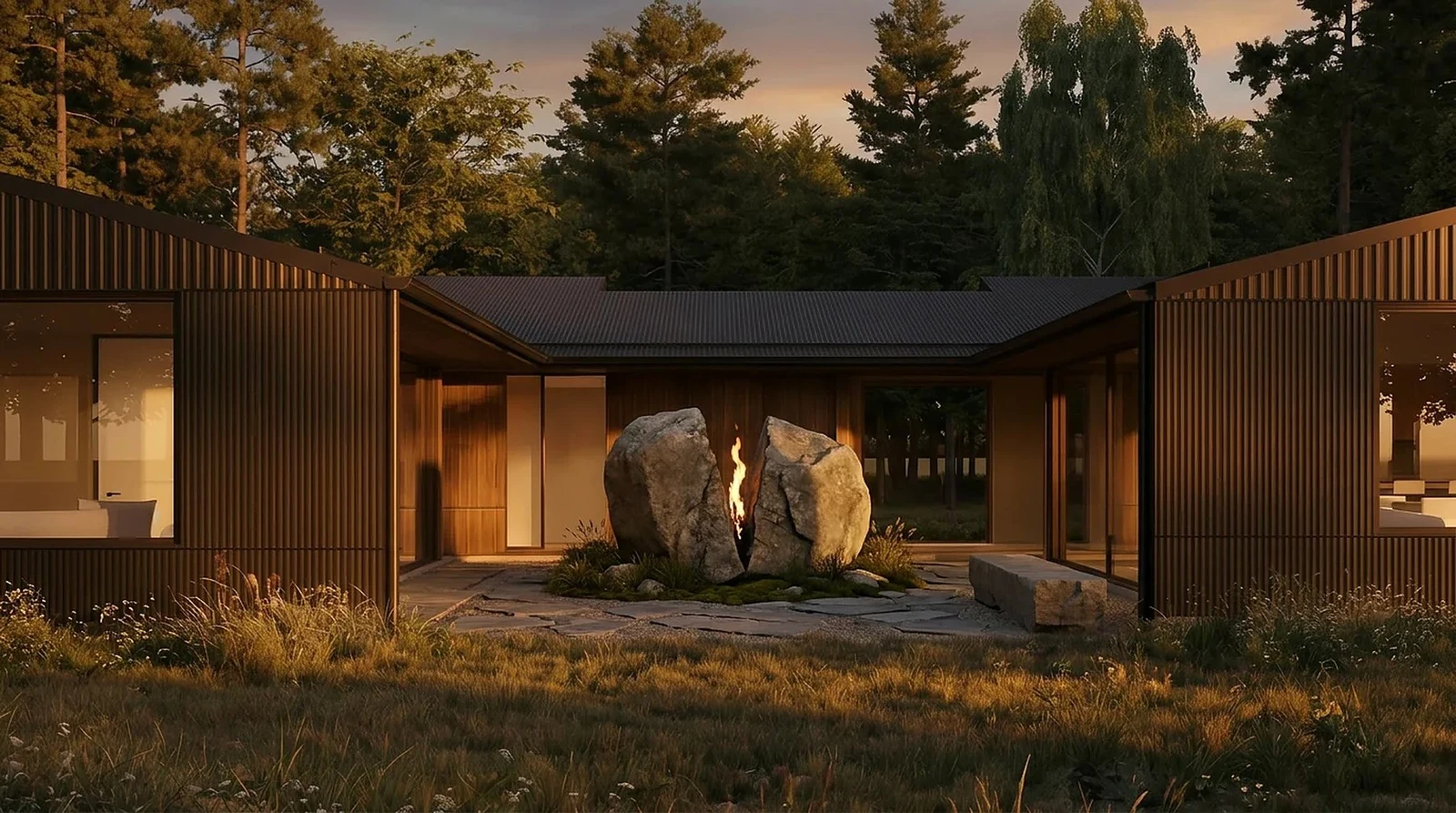 Sanctuary — a low flame set into cloven stone at the heart of the court