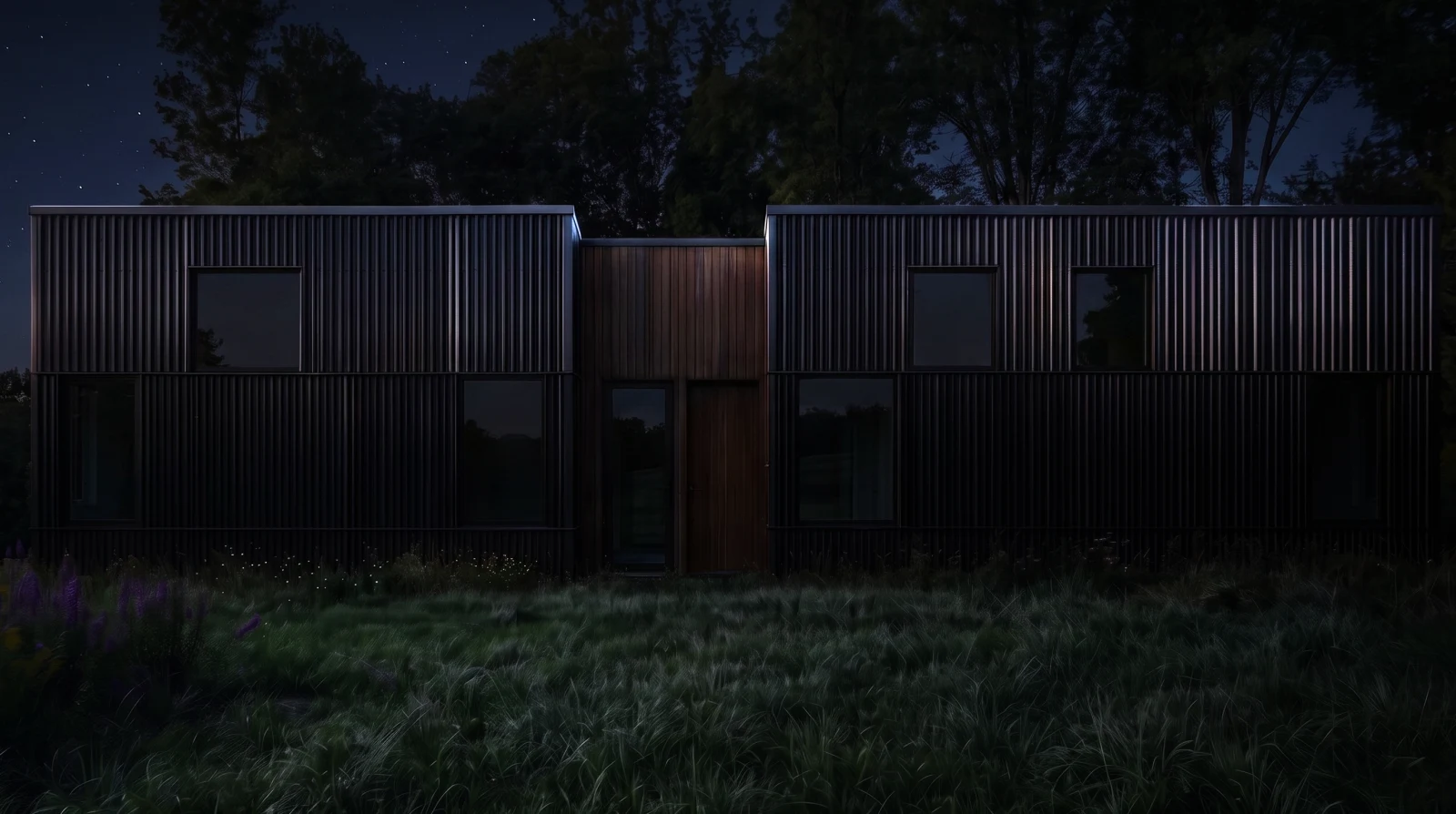 HighFell's front elevation deep in the night — corrugated metal and stained white pine.