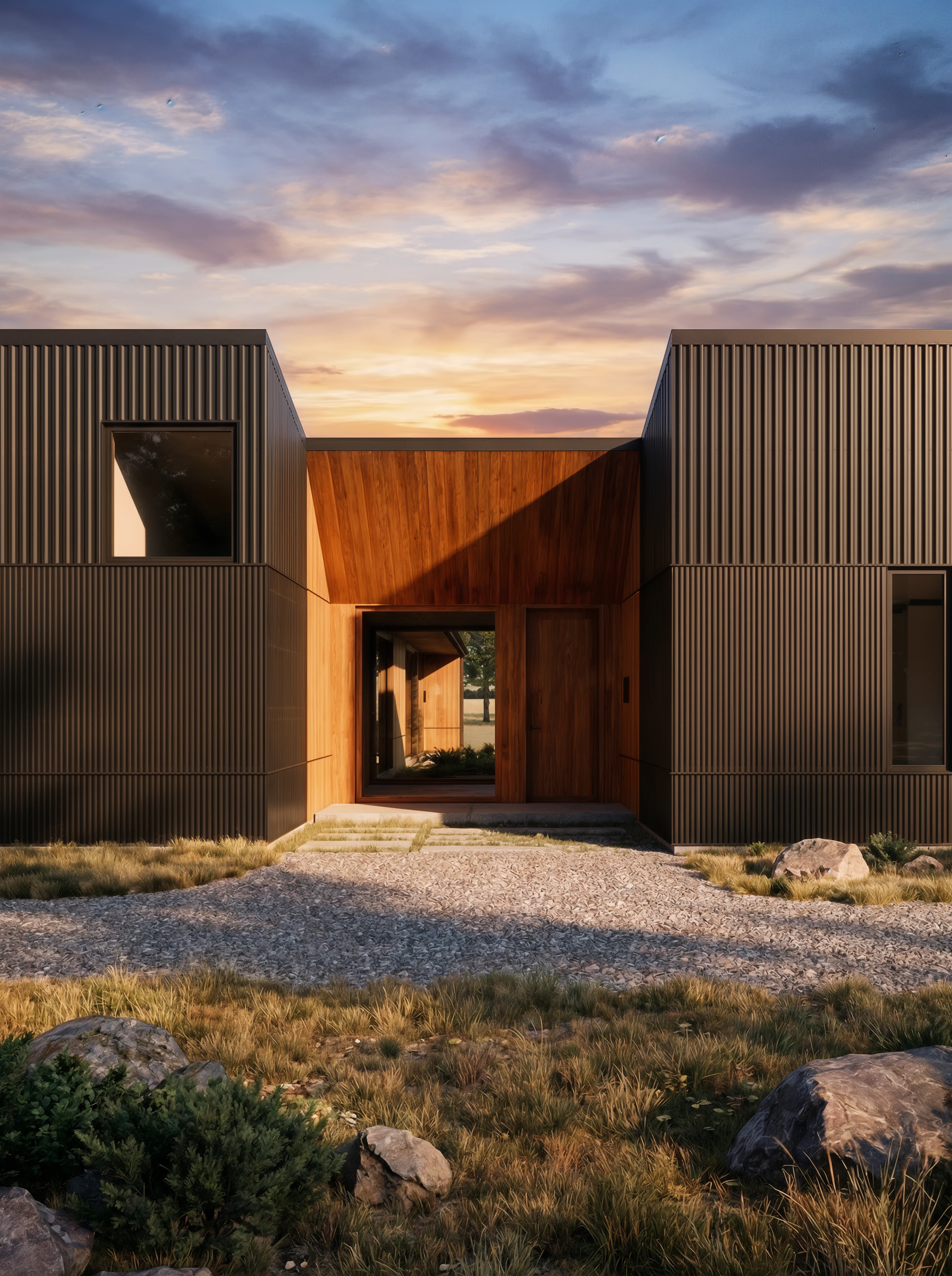 The arrival at RidgeVale — gravel path, cedar entry